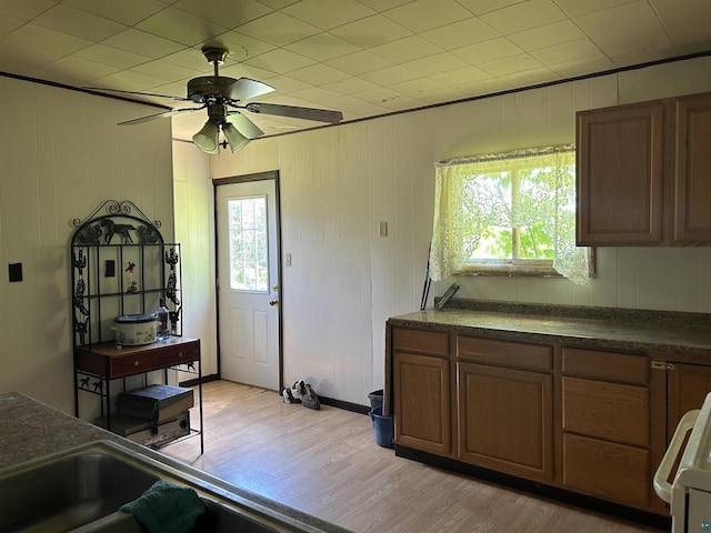 157 E 2nd St, Glidden, WI 54527 - kitchen featuring stove, light wood-type flooring, ceiling fan, and wooden walls