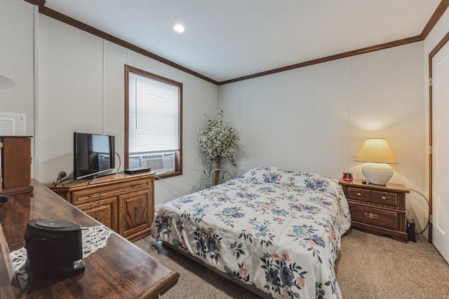 carpeted bedroom with cooling unit and ornamental molding