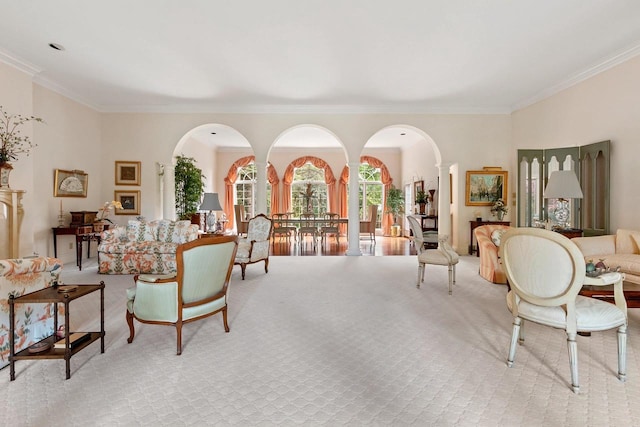 carpeted living room with ornamental molding