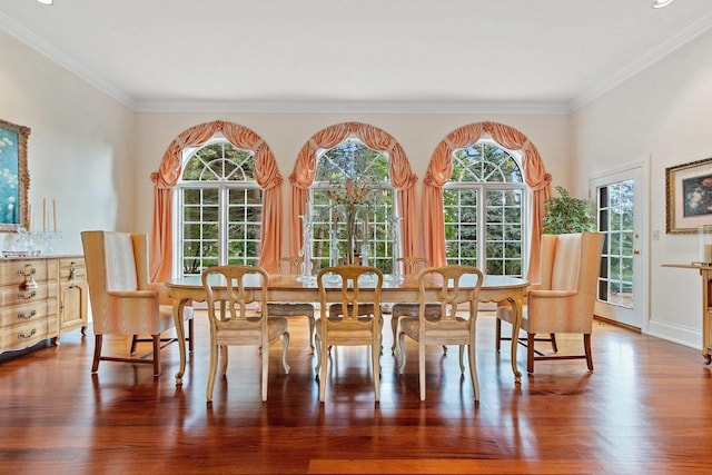 dining space with a wealth of natural light, crown molding, and dark hardwood / wood-style floors