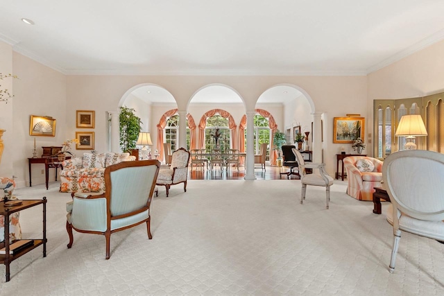 interior space featuring light carpet and ornamental molding