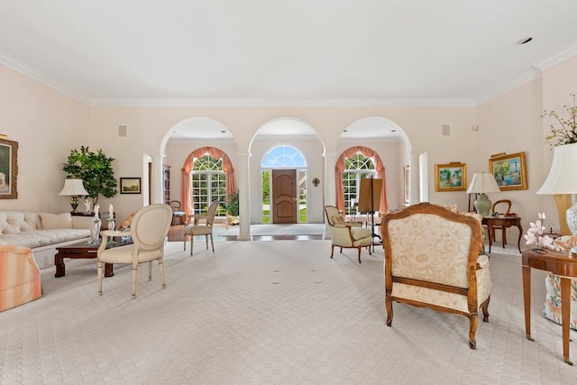 carpeted living room featuring crown molding