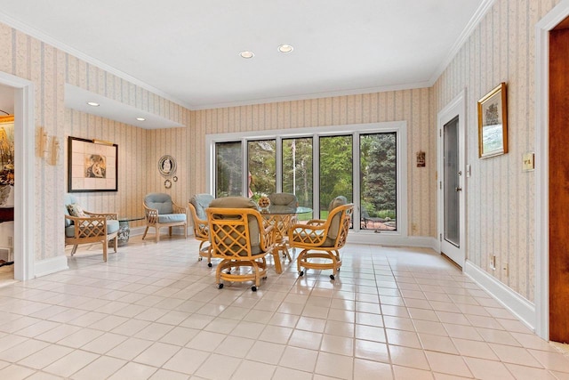 tiled dining room with crown molding