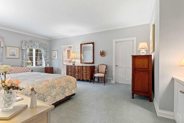 carpeted bedroom with crown molding