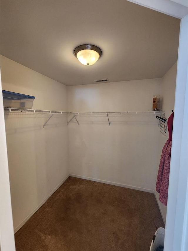 walk in closet with dark colored carpet