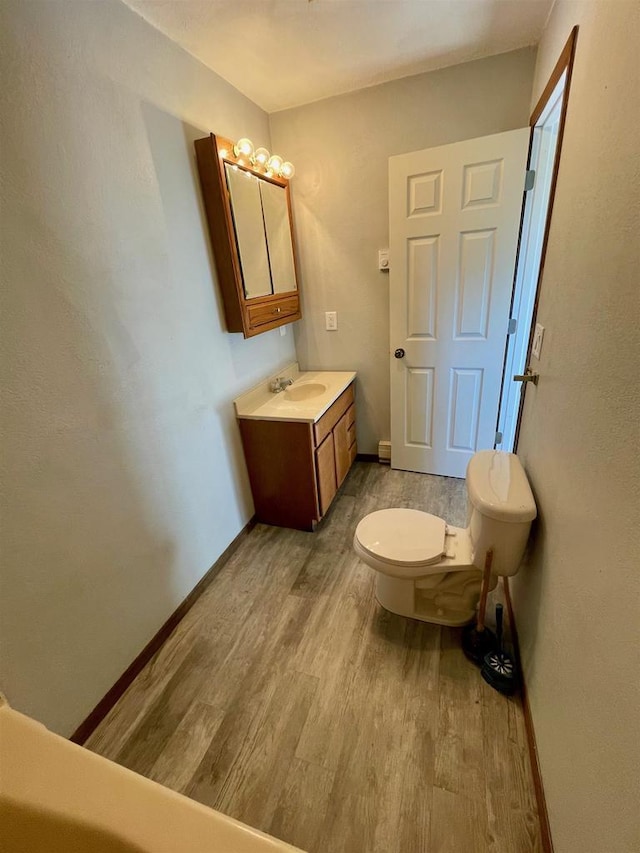 bathroom featuring toilet, vanity, and hardwood / wood-style flooring