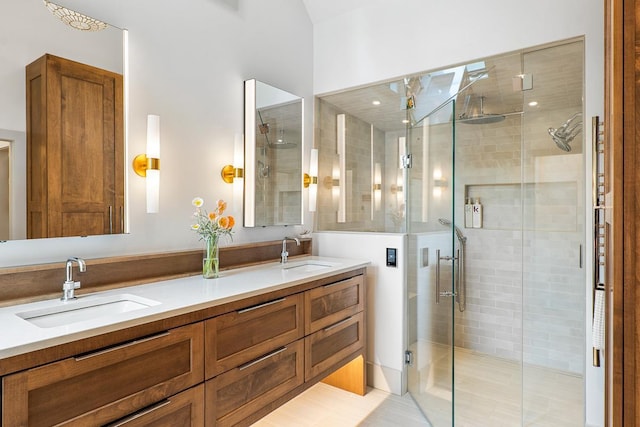 bathroom featuring vanity and a shower with door