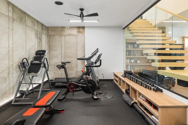 workout room featuring ceiling fan