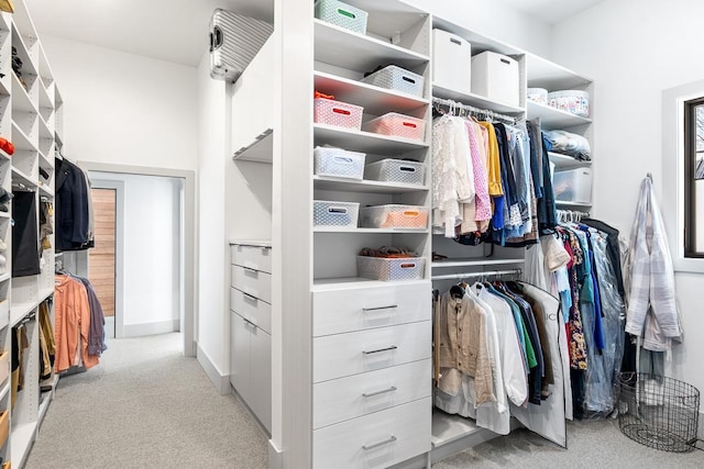 walk in closet featuring light carpet