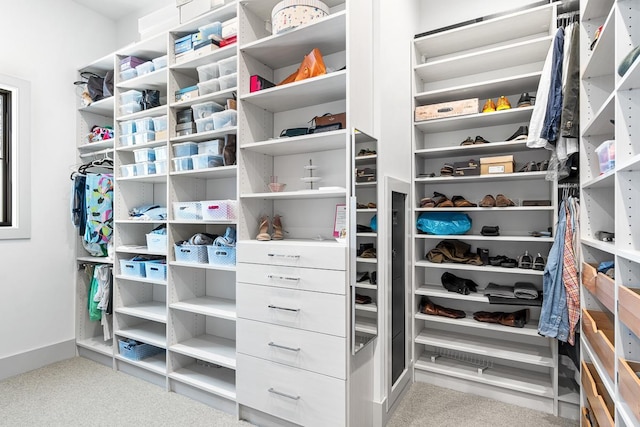 spacious closet featuring light carpet