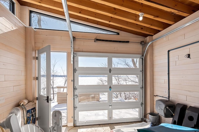 interior space featuring wooden walls