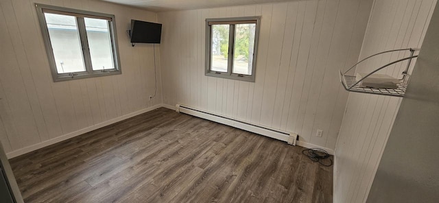 N9451 Parkway Rd, Crivitz, WI 54114 - empty room with baseboard heating, wood finished floors, and wooden walls