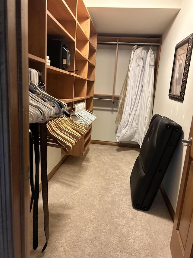 spacious closet featuring light carpet