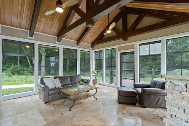 sunroom with vaulted ceiling with beams, ceiling fan, and wood ceiling