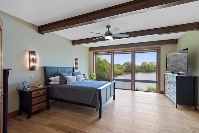 bedroom featuring beam ceiling, light wood-type flooring, access to outside, and ceiling fan