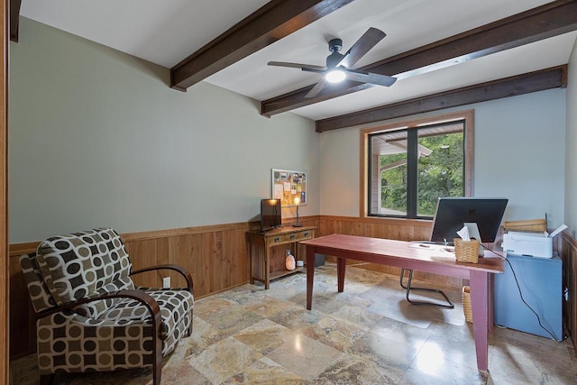 office space with ceiling fan, beamed ceiling, and wood walls