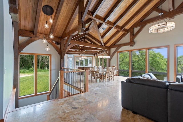 sunroom with lofted ceiling with beams, wood ceiling, and a chandelier