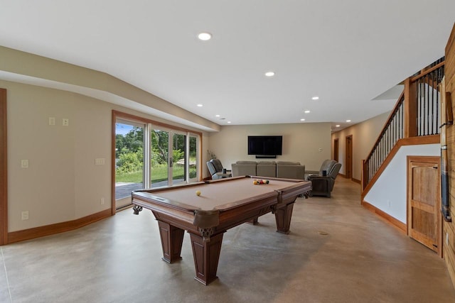 rec room featuring vaulted ceiling and billiards