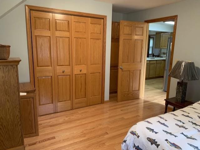 bedroom with ensuite bath, a closet, and light wood-type flooring