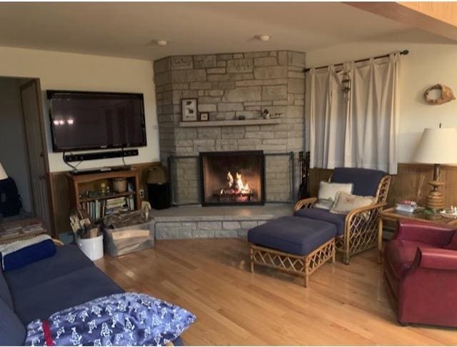 living room featuring a fireplace and light wood-type flooring