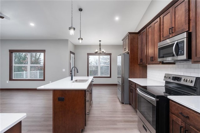 kitchen with appliances with stainless steel finishes, an island with sink, a wealth of natural light, and sink