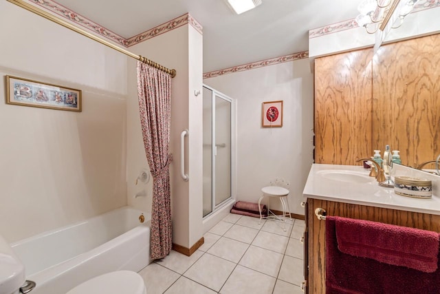 full bathroom featuring toilet, shower / tub combo, vanity, and tile patterned floors