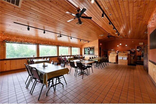 dining space with ceiling fan, wood walls, lofted ceiling, and a wealth of natural light