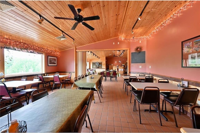 tiled dining area featuring lofted ceiling, ceiling fan, wooden ceiling, and rail lighting