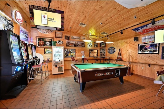 game room with wooden walls, wooden ceiling, rail lighting, and billiards