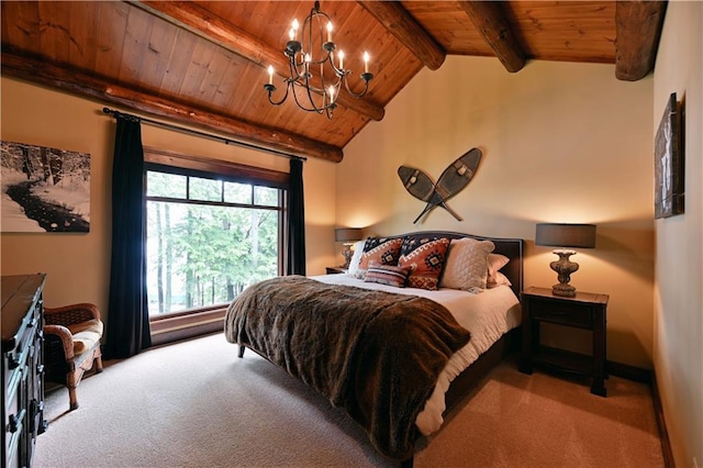 carpeted bedroom with lofted ceiling with beams, wood ceiling, and an inviting chandelier