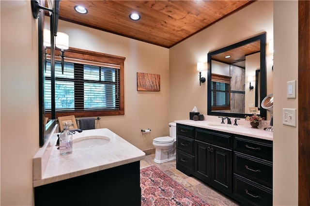 bathroom featuring vanity, wood ceiling, and toilet