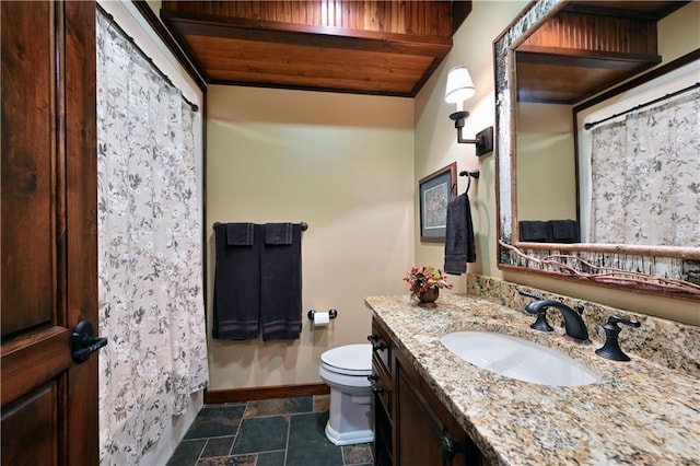 bathroom featuring walk in shower, vanity, wood ceiling, and toilet