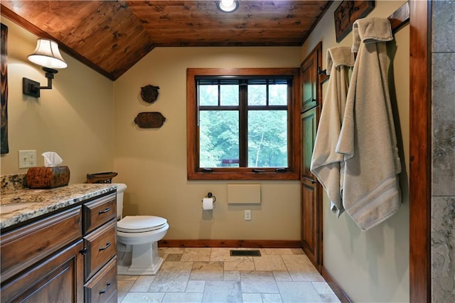 bathroom featuring vanity, toilet, wooden ceiling, and lofted ceiling