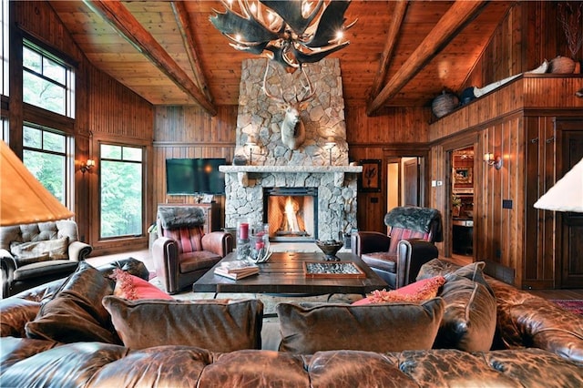 living room featuring beam ceiling, wooden ceiling, high vaulted ceiling, wooden walls, and a fireplace