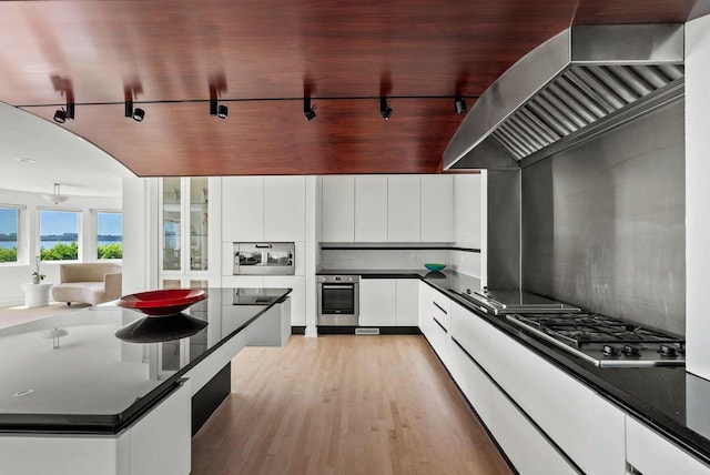 kitchen with wall chimney range hood, light hardwood / wood-style floors, track lighting, white cabinets, and appliances with stainless steel finishes