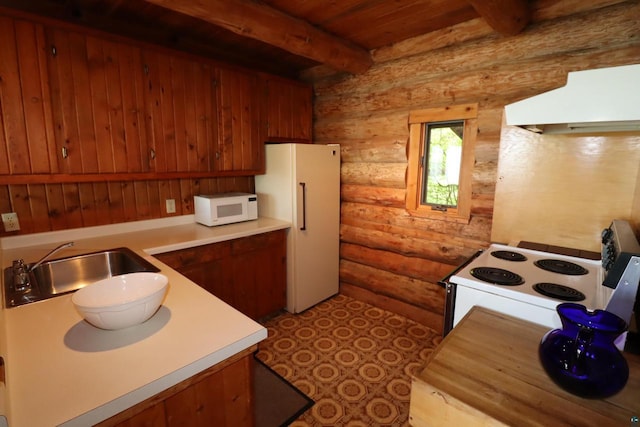 kitchen with white appliances, ventilation hood, sink, log walls, and beamed ceiling