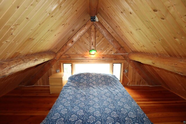 additional living space featuring vaulted ceiling with beams, dark hardwood / wood-style floors, wood walls, and wooden ceiling