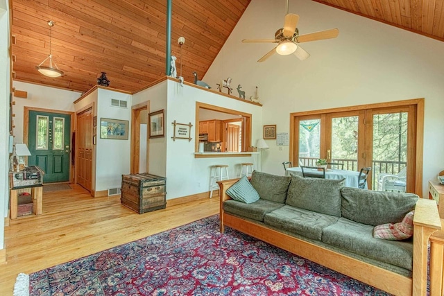 living room with high vaulted ceiling, ceiling fan, wood ceiling, light hardwood / wood-style floors, and french doors