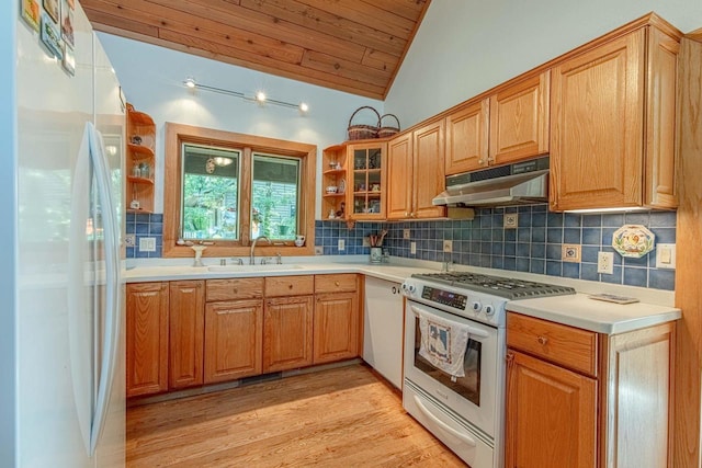 kitchen with tasteful backsplash, lofted ceiling, wooden ceiling, white appliances, and light hardwood / wood-style flooring