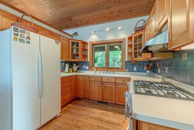 kitchen featuring sink, wooden ceiling, white appliances, range hood, and light hardwood / wood-style floors