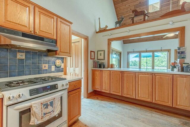 kitchen featuring gas range, high vaulted ceiling, backsplash, and light hardwood / wood-style floors