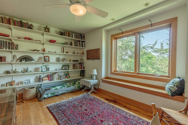 sitting room with ceiling fan and wood-type flooring