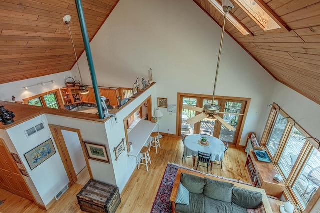 living room featuring high vaulted ceiling, light wood-type flooring, wood ceiling, and a skylight