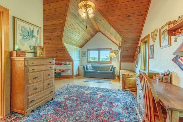 sitting room featuring wood ceiling, ceiling fan, lofted ceiling, and light hardwood / wood-style flooring