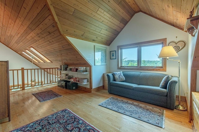 living room featuring light hardwood / wood-style flooring and wooden ceiling