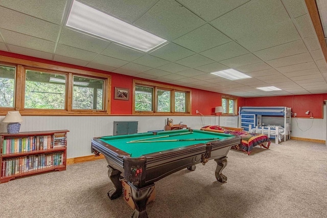 rec room featuring pool table, carpet floors, and a paneled ceiling