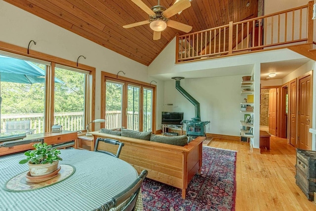 living room featuring a wood stove, ceiling fan, high vaulted ceiling, wooden ceiling, and light wood-type flooring