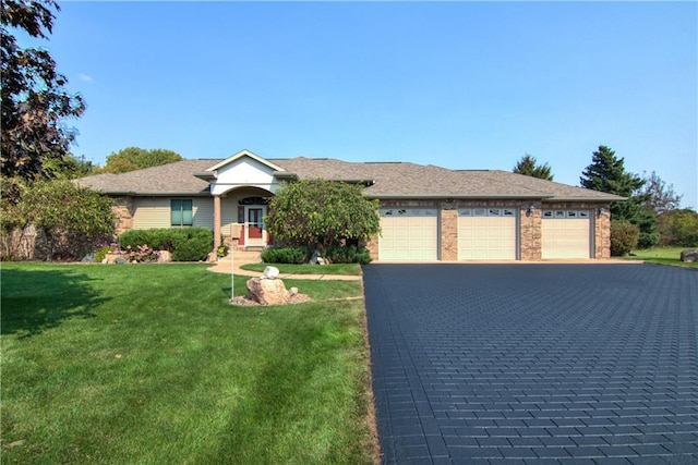 ranch-style house with a front lawn and a garage