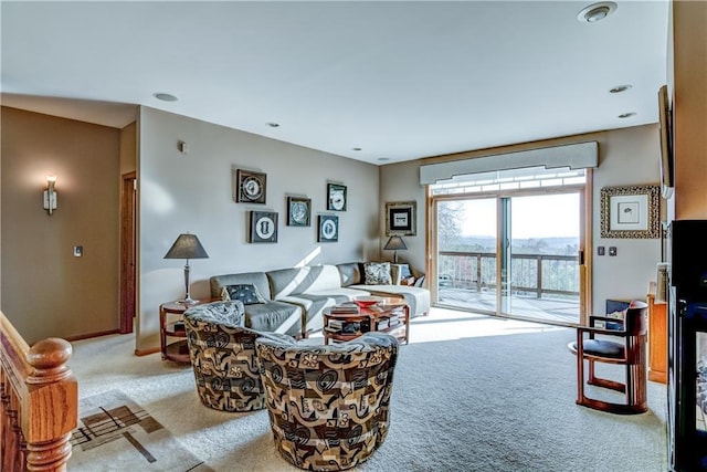 living room featuring light colored carpet