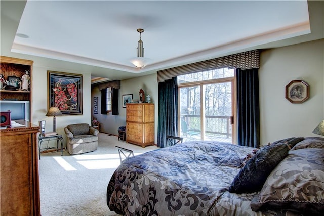 carpeted bedroom featuring access to outside and a tray ceiling